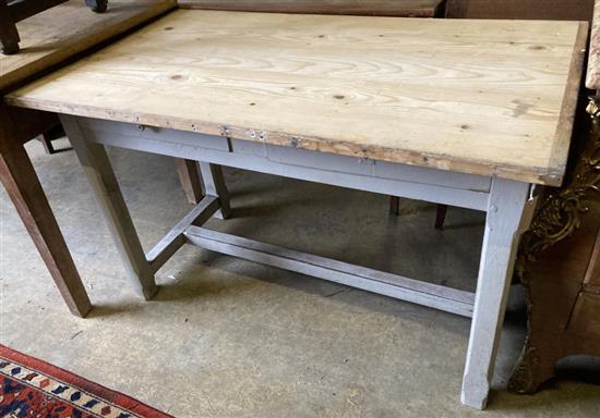 A rectangular pine top and painted oak base kitchen table, width 122cm, depth 69cm, height 75cm